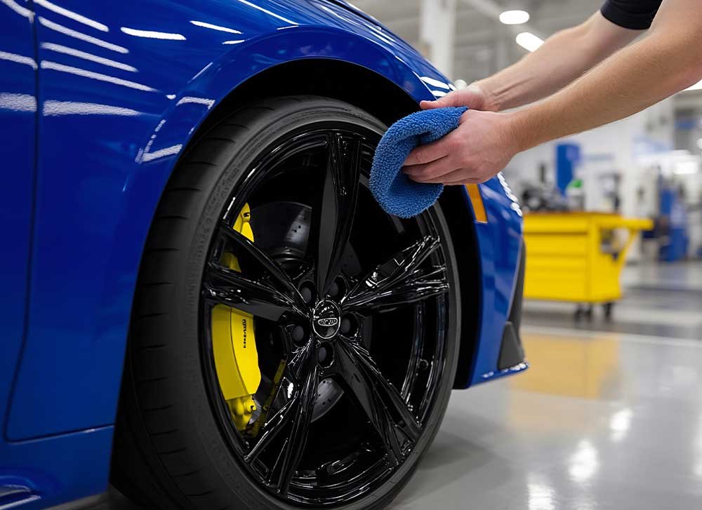 Close-up of ceramic-coated wheels resisting brake dust