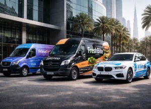 Custom car wraps for businesses in Dubai on branded company fleet vehicles