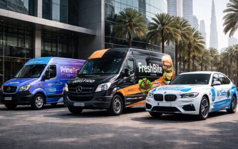 Custom car wraps for businesses in Dubai on branded company fleet vehicles