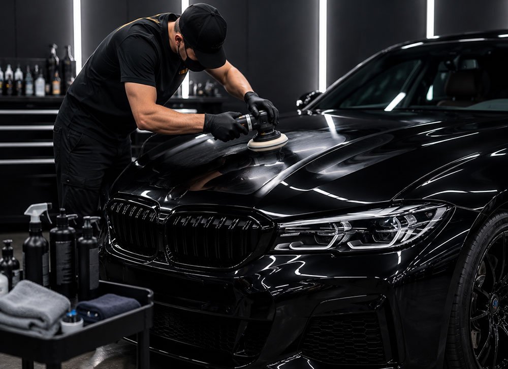 Swirl mark correction before ceramic coating. Luxury car paint protection process in Dubai